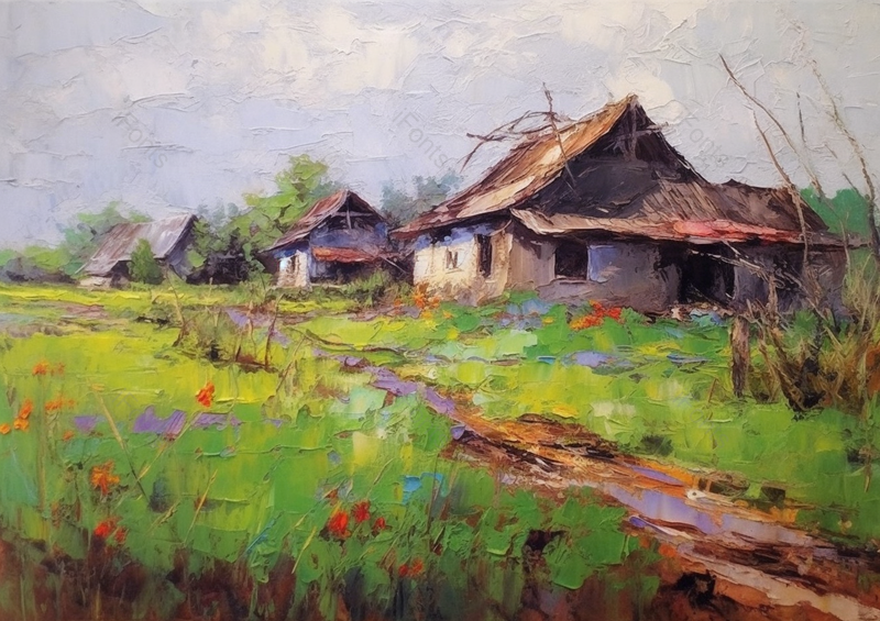 油画风格乡村道路和房屋,插画/手绘图,插画/手绘图库,插画/手绘图下载,插画/手绘